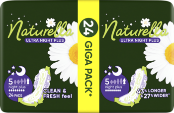 Dwa opakowania Naturella Ultra Night Plus GIGA PACK, ciemnozielone ze stokrotkami, 24 podpaski nocne dla ochrony i świeżości.