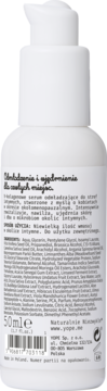 Biała butelka z pompką, tył serum POPE 50ml dla miejsc intymnych, z widoczną listą składników i opisem działania.