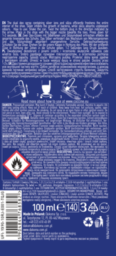 Niebieski dezodorant NANO DEO SPRINT do butów sportowych, tył z instrukcjami, składem, ikoną łatwopalności.