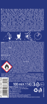 Tył opakowania dezodorantu NANO DEO SPRINT do obuwia sportowego, granatowe z instrukcją, ostrzeżeniem, 100ml.