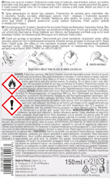 Tył białej butelki sprayu Cocciné Sneakers Line Top Care 150ml do sneakersów. Widoczne instrukcje, symbole.