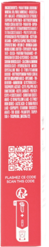 Czerwony bok opakowania błyszczyka Clarins Lip Perfector z listą składników, kodem QR i instrukcjami.