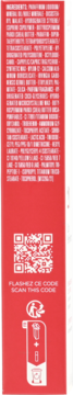 Clarins Lip Perfector Soft Pink Glow, opakowanie z boku: QR kod, tekst informacyjny i symbol recyklingu na czerwonym tle.