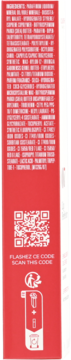 Czerwone opakowanie błyszczyka Clarins Lip Perfector, bok z instrukcjami, QR kodem i symbolami recyklingu.