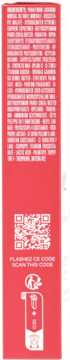 Bok czerwonego opakowania Clarins Lip Perfector z listą składników, białym kodem QR, tekstem i ikonami recyklingu.