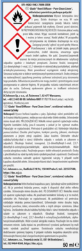 Pełna etykieta Glade Reed Diffuser Pure Clean Linen 50 ml, z piktogramami ostrzegawczymi i polskim tekstem.