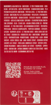 Tył czerwonego opakowania podkładu Clarins Everlasting Youth Fluid 108W z listą składników, kodem QR i symbolami recyklingu.