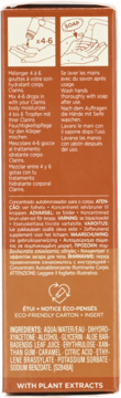 Tył brązowego opakowania Clarins Self Tan Body Concentrate, z rysunkową instrukcją użycia i listą składników.