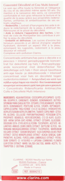 Clarins Super Restorative krem do szyi i dekoltu: tył opakowania z listą składników i danymi firmy.