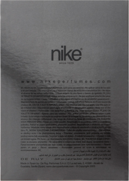 Tył ciemnoszarego opakowania wody toaletowej Nike Nightfall z białym logo i informacjami o produkcie.