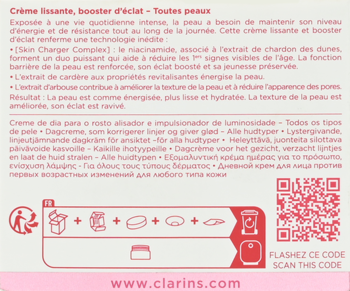 Tył opakowania kremu Clarins Multi-Active, tekst w wielu językach, kod QR. Krem na dzień, dla każdej cery.