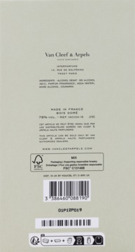 Tył kartonowego opakowania perfum Van Cleef & Arpels Bois Doré, beżowe z kodem kreskowym i logo FSC.