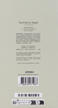 Tył beżowego opakowania perfum Van Cleef & Arpels Ambre Impérial, z listą składników i kodem kreskowym.