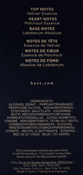 Tył etykiety perfum Boss Bottled Triumph Elixir, pokazujący nuty zapachowe (wetiweria, paczuli) i składniki.