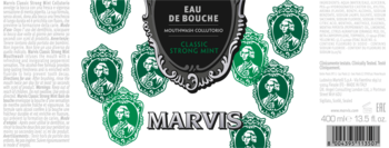 Etykieta Marvis Classic Strong Mint Collutorio, biała z czarną tarczą, zielonymi wzorami i srebrnym logo Marvis, widok z przodu.