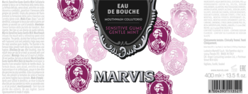 Marvis Sensitive Gums Gentle Mint Mouthwash, etykieta 500ml w czerni z różowymi ornamentami, widok z przodu.