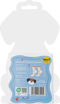 Tył opakowania dziecięcych skarpetek w kształcie psa, z rozmiarem, składem i ilustracjami. Widoczne Woof! i barcode.