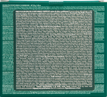 Tył zielonego opakowania zestawu Miracle Starter Kit, z gęstym tekstem informacyjnym o składnikach AHA BHA PHA.