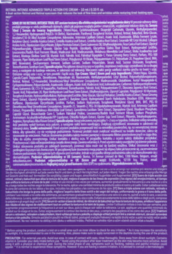 Tył fioletowego pudełka Retinol Intense Advanced Triple Action Eye Cream, widoczne białe napisy ze składnikami.