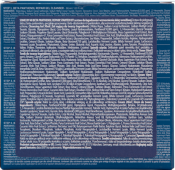 Tylne opakowanie zestawu BETA-PANTENOL Repair, granatowe, z drobnym, białym tekstem i instrukcjami pielęgnacji.