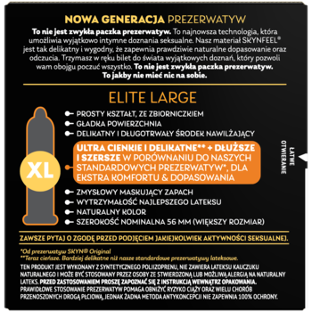 Tył opakowania prezerwatyw SKYN Elite Large, czarne tło, żółte logo XL, lista cech: ultracienkie i szersze.