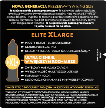 Grafika promocyjna Skyn Elite Large, cienkie, nielateksowe prezerwatywy XL 56mm. Opis cech produktu.
