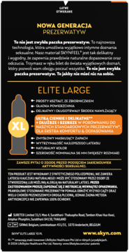 Tył czarnego opakowania Skyn Elite Large XL z opisem ultracienkich, szerszych prezerwatyw 56mm.