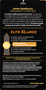 Czarne opakowanie prezerwatyw Skyn Elite XLarge King Size, cienkich, nielateksowych, z ikoną XL i złotym napisem.