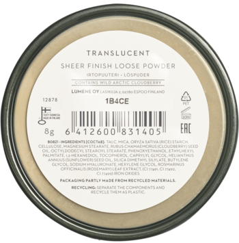 Okrągły spód opakowania Lumene transparentny puder sypki, 8g, z białą etykietą, barcode i składnikami.