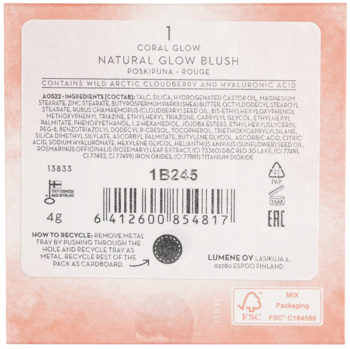 Tył różowego opakowania różu Lumene Natural Glow Blush Coral Glow 4g ze składnikami, kodem kreskowym i ikonami.