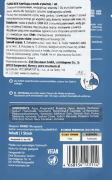 Tył opakowania maski w płachcie ISANA MEN z kwasem hialuronowym, wodą górską i witaminą E, na niebieskim tle.