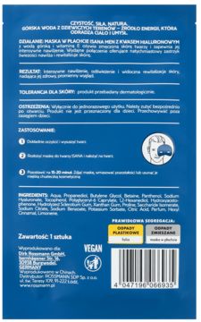Tył niebieskiej maski Isana Men z kwasem hialuronowym. Widoczne składniki, sposób użycia, certyfikat Vegan i kod kreskowy.