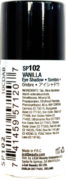 Tył opakowania cienia do powiek J.Cat Beauty SP102 Vanilla. Czarny pojemnik z białą etykietą, widoczny skład i kod kreskowy.