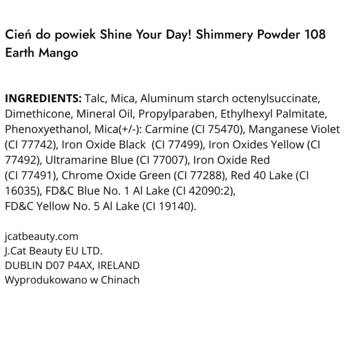 Karta produktu cienia Shine Your Day! Earth Mango z nazwą, pełną listą składników i danymi producenta J.Cat Beauty.