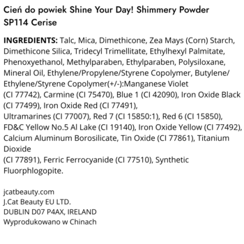 Widok etykiety perłowego, różowego cienia do powiek Shine Your Day! SP114 Cerise, z czytelnym składem INGREDIENTS.