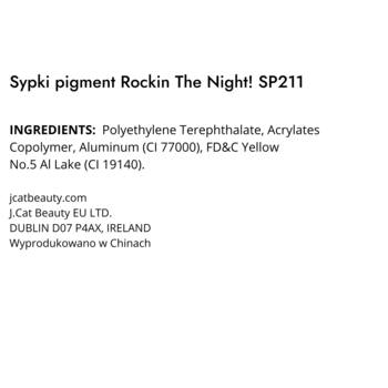 Etykieta sypkiego pigmentu Rockin The Night! SP211, czarny tekst na białym tle. Widoczne składniki i dane producenta.