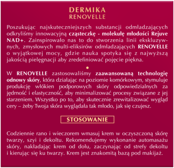 Blok tekstu opisujący Dermika Renovelle krem z Rejuve NAD+, technologię, efekty i sposób użycia.