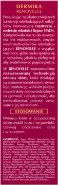 Etykieta kremu pod oczy Dermika Renovelle z opisem technologii Rejuve NAD+, sposobu użycia i składnikami, tło bordowe.