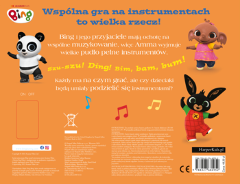Tył dziecięcej książki Bing z modułem dźwiękowym, pomarańczowe tło, bohaterowie i polski tekst o instrumentach.