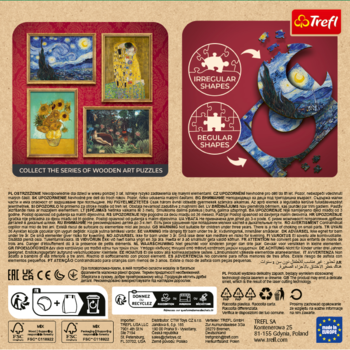 Tył opakowania drewnianych puzzli Trefl "Gwiaździsta Noc", z ilustracjami innych obrazów i unikalnymi kształtami.