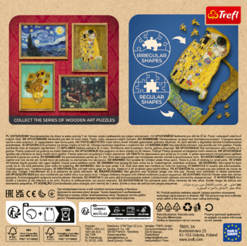 Trefl, tył opakowania drewnianych puzzli artystycznych: obrazy Van Gogha i Klimta, oraz informacja o kształtach.