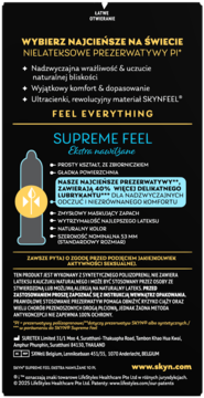 Front opakowania prezerwatyw SKYN Supreme Feel Ekstra Nawilżane. Czarne z opisem: najcieńsze, nielateksowe.