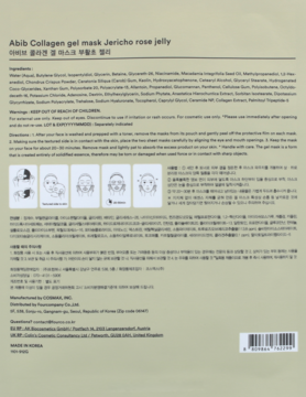 Abib Collagen gel mask Jericho rose jelly, tył opakowania z czarnym tekstem, składem, instrukcjami i diagramami użycia.