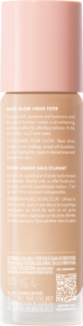 Tył butelki e.l.f. Halo Glow Liquid Filter Fair Neutral Peach z różową nakrętką i opisem produktu.