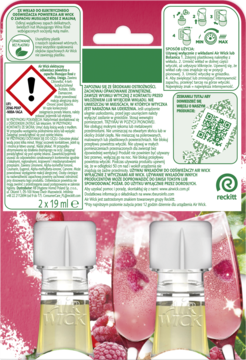 Air Wick Freshmatic, tył opakowania 2x19ml. Instrukcje, ostrzeżenia, QR kod na tle malinowego koktajlu.