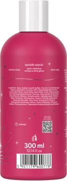 Tył różowej butelki nabłyszczającego szamponu z niacynamidem, owsem i wodą ryżową, widoczna lista składników, kod kreskowy.