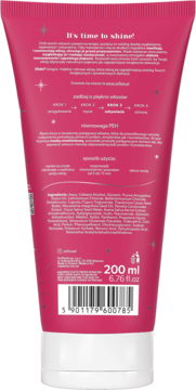 Tył różowej tuby odżywki do włosów z macadamia, z widocznym kodem kreskowym i szczegółowym składem 200 ml.