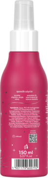 Tył różowej butelki mgiełki do włosów nadającej blask, widoczna lista składników i objętość 150ml.