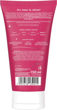 Różowa tuba żelu do stylizacji włosów 150ml, tył opakowania z listą składników i hasłem "It's time to shine!".