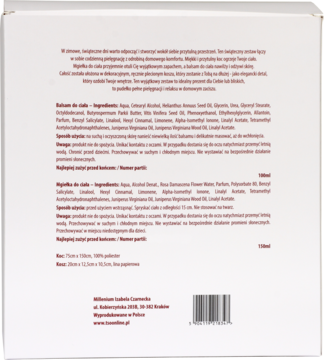 Tył białego opakowania kosmetyków do ciała z polskim opisem składników, stosowania i kodem kreskowym.